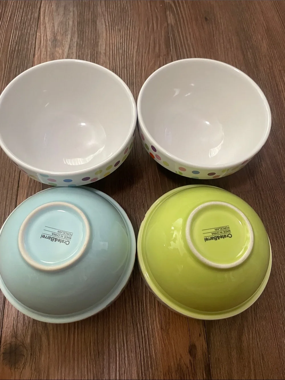Crate&Barrel Pastel Blue and Lime Green Polka Dot Ceramic Bowls,4!EXCELLENT
